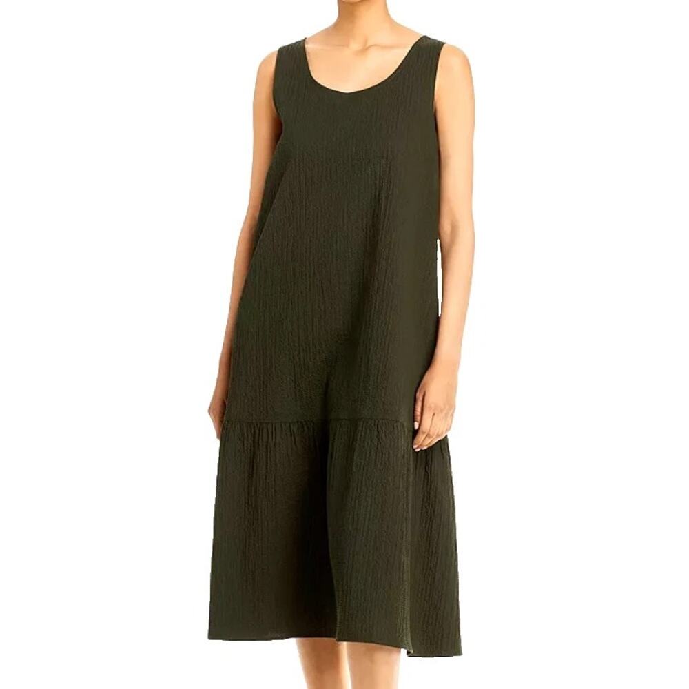 Eileen Fisher Organic Cotton Pucker Tiered Scoop Neck Dress in Seaweed